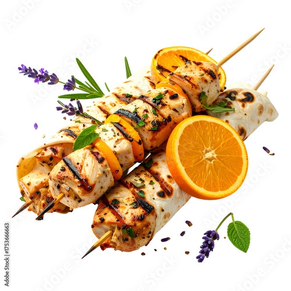 Fototapeta Grilled chicken skewers with orange slices, wrapped in tortillas, garnished with herbs