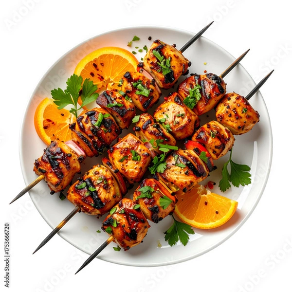Fototapeta Grilled chicken skewers with vegetables and orange slices arranged on a white plate
