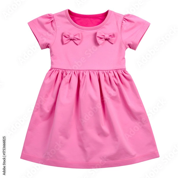 Fototapeta A bright pink child's dress with short sleeves, two bows, and a gathered skirt