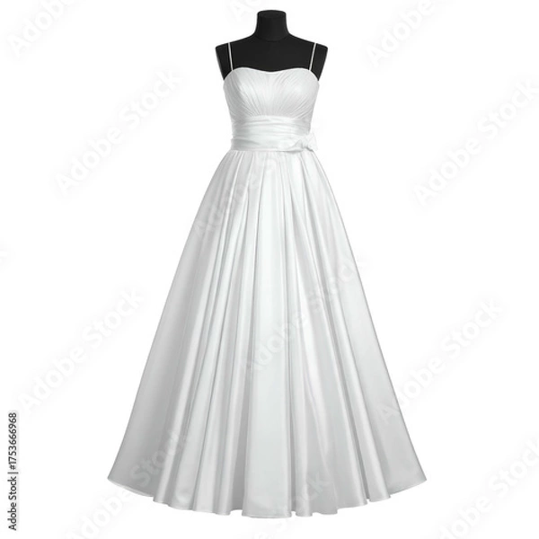 Fototapeta Elegant white bridal gown with a pleated bodice, thin straps, and a flowing skirt, on a mannequin