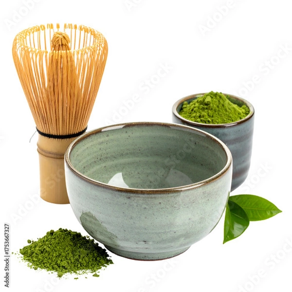 Fototapeta Matcha tea preparation whisk, bowls of powder & brew, plus leaves. Isolated on black