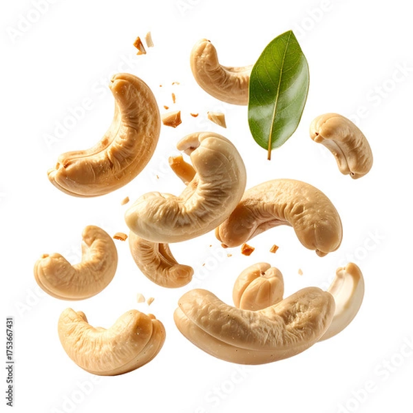 Fototapeta Cashews and a leaf levitating against a stark black background. Some pieces are broken