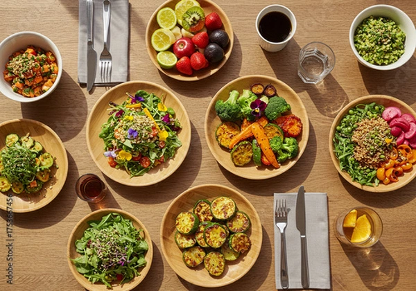 Fototapeta  Happy National Vegan Day Cartoon Vegetables: A cheerful, colorful illustration featuring four anthropomorphic, smiling vegetables and fruit characters (carrot, avocado, broccoli, and strawberry) stan