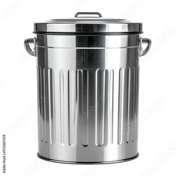 Fototapeta Highly reflective, cylindrical trash receptacle with lid and handles, set against black