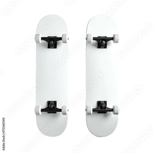 Fototapeta Two white skateboards, top view, isolated on black background, ready for action