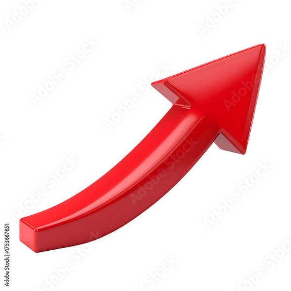 Fototapeta Glossy 3D rendering of a red arrow, curved and angled upwards against a black background
