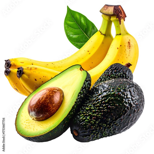 Fototapeta Bunch of ripe bananas with leaves, next to avocados, one sliced open