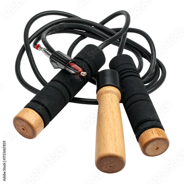 Fototapeta Overhead shot of a black jump rope with three handles, one wood and two with foam grips