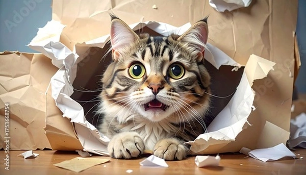 Obraz A surprised tabby cat peers through a ripped brown paper bag on a wooden surface, with a light gray background
