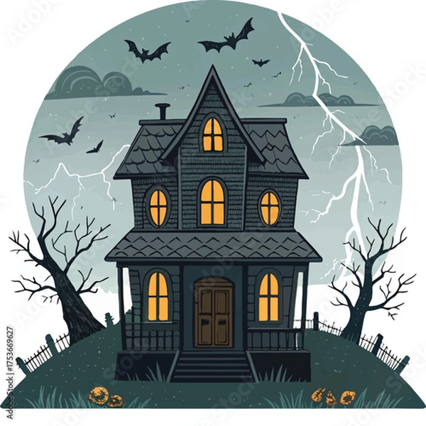 Fototapeta Haunted House Halloween Illustration – Spooky Night Scene with Bats, Lightning, and Pumpkins
