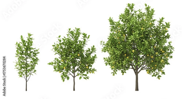 Obraz Three green trees with yellow fruit on transparent background