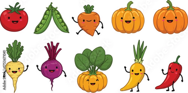 Fototapeta Colorful Vegetable Characters – Cute Broccoli, Capsicum, Pumpkin, and Radish Vector Art