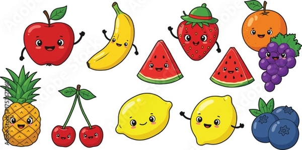 Fototapeta Cute Fruit Characters – Watermelon, Strawberry, Banana, Lemon, and Orange Vector Set