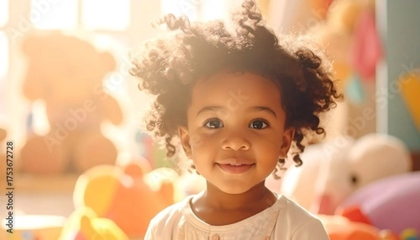 Obraz A sweet, smiling child with fluffy, dark hair, illuminated by soft sunlight, poses in a room filled with colorful toys. A warm, joyful atmosphere