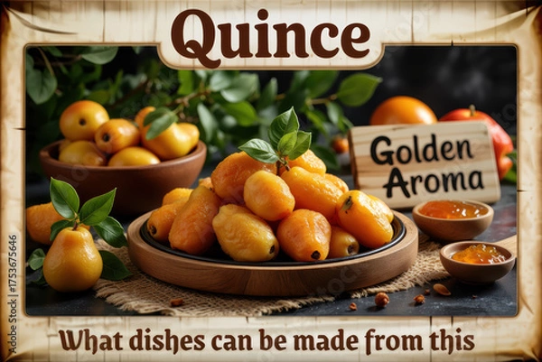 Obraz Quinces in bowl with jam and paste, rustic display, Golden Aroma -