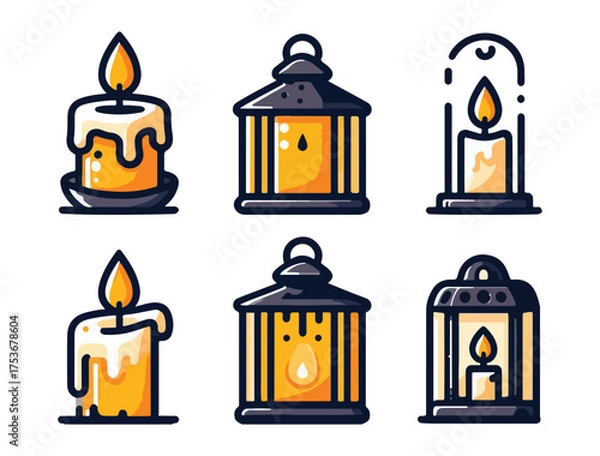 Obraz Cartoon Style Candle and Lantern Vector Illustrations for Halloween Theme