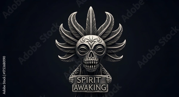 Obraz Spooky skull figure with feather headdress holds a sign.