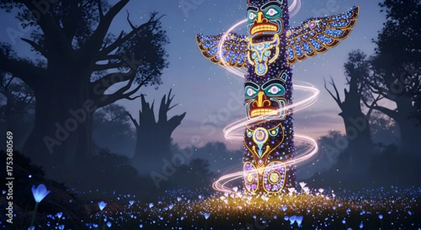 Obraz Ornate totem pole glows brightly in a magical forest setting.