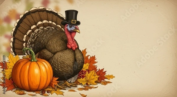 Obraz Happy Thanksgiving Banner With Turkey And Pumpkins and Autumn Leaves 