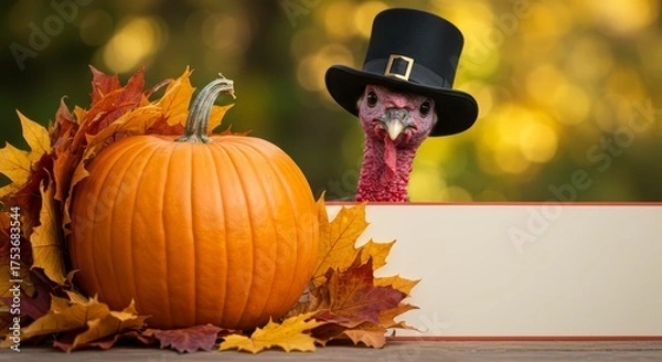 Obraz Happy Thanksgiving Banner With Turkey And Pumpkins and Autumn Leaves 