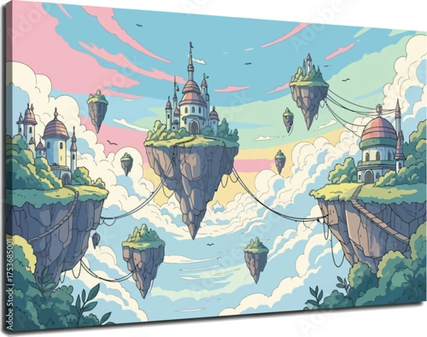 Fototapeta Vector art of pixel art floating island castle with whimsical fantasy landscape