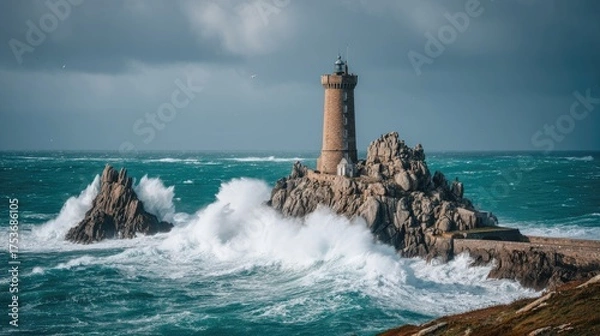 Fototapeta Lighthouse on rocky island against stormy ocean and cloudy sky