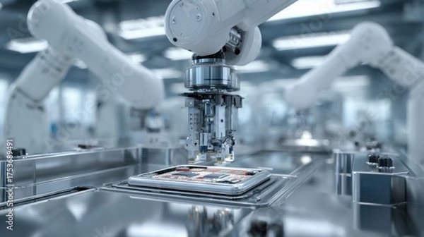 Obraz A robotic arm with precise hydraulic actuators, clad in a sleek white shell, is meticulously placing a smartphone's main logic board into a polished metal chassis. 