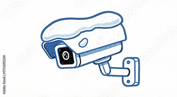 Fototapeta Snow-covered security camera in a winter landscape  