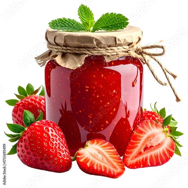 Obraz A jar of bright red strawberry jam with fresh fruit surrounding it and a sprig of mint