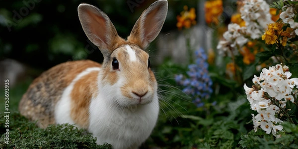 Fototapeta Rabbit sitting among colorful flowers in a lush garden during sunny spring afternoon