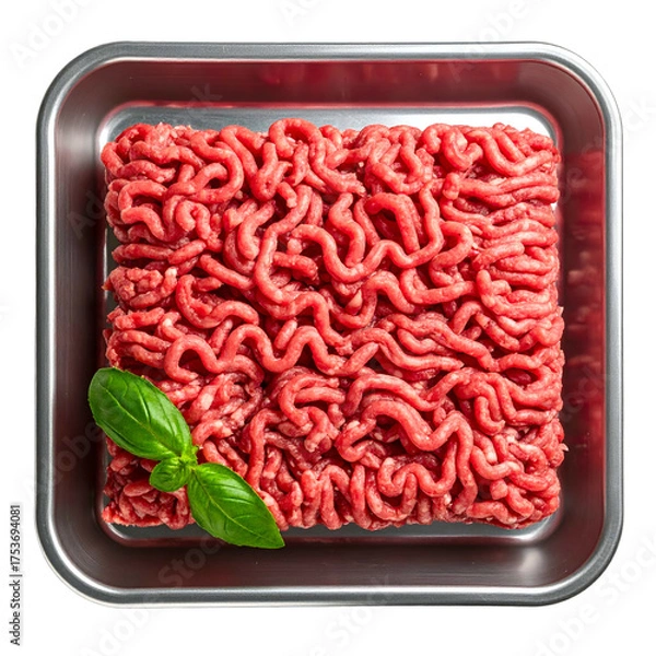 Obraz A square metal tray filled with uncooked ground meat, a single basil sprig rests on it