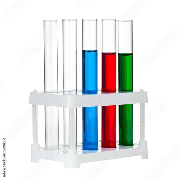 Obraz A white rack holds five test tubes, two empty, three filled with blue, red, and green liquids