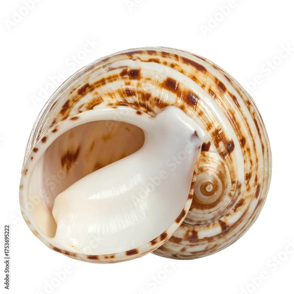 Obraz Open, ornate spiral shell, showcasing brown stripes and a smooth white interior against a black background