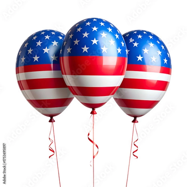 Obraz Three round balloons with American flag design, red streamers, and star-studded blue top