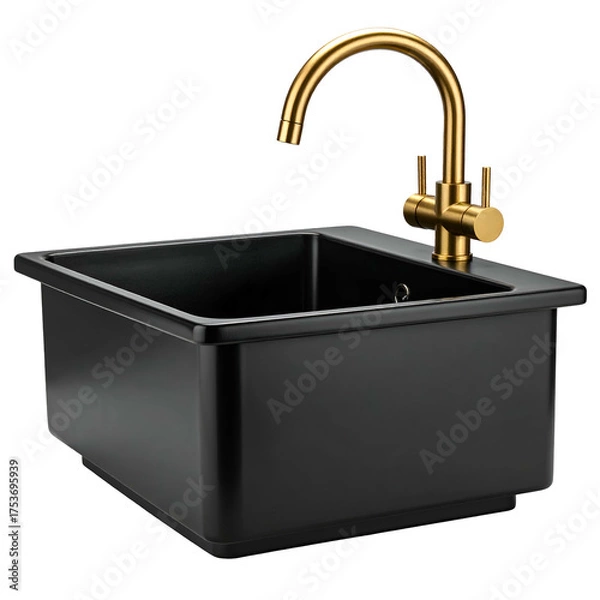 Obraz Black square sink with gold faucet, isolated on black background, studio shot, clean