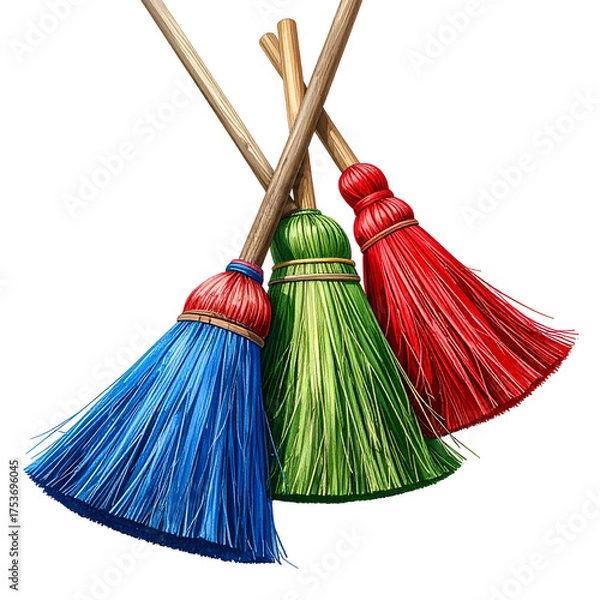 Obraz Three vibrant, overlapping brooms with colorful bristles and wooden handles on black