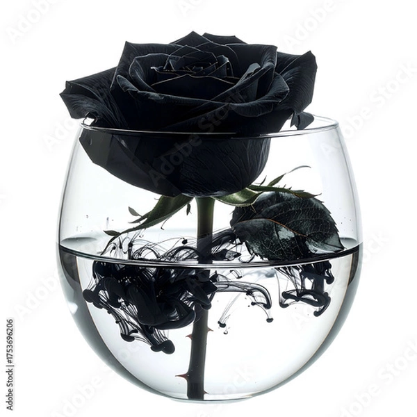Obraz A black rose in a glass of water with black ink diffusing, isolated on a white backdrop