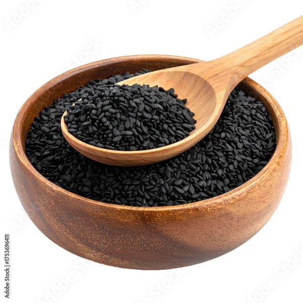 Obraz Black seeds fill a wooden bowl with a wooden spoon resting inside, close-up shot