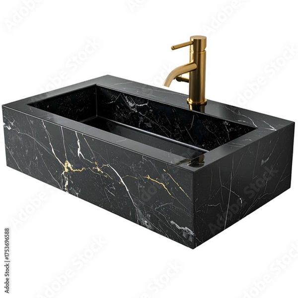 Obraz Rectangular black marble sink with gold faucet on black background, high-angle view