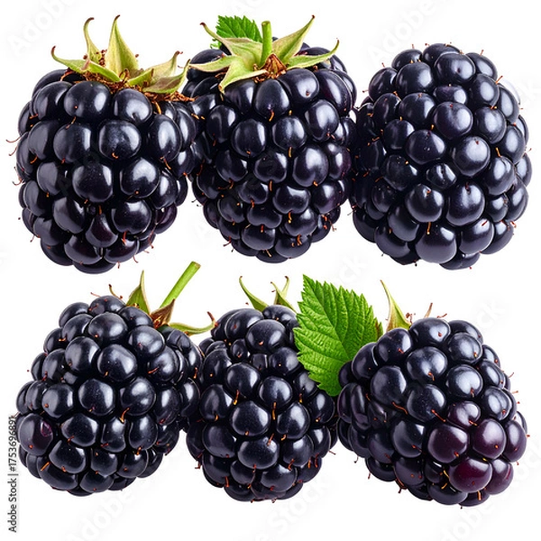 Obraz Six ripe blackberries with green leaves against a dark background, isolated