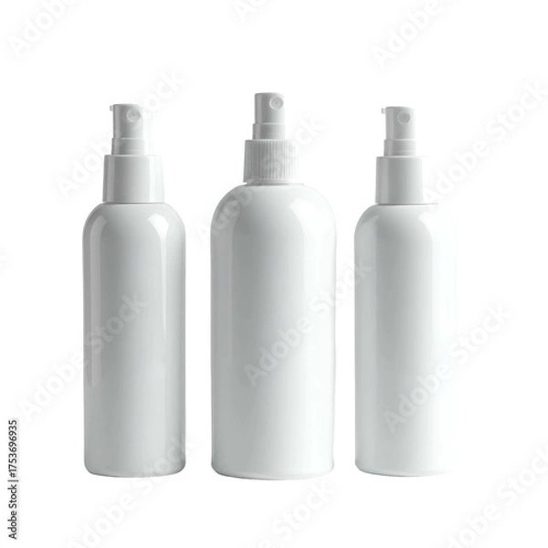 Obraz Three identical, blank white spray bottles stand in a row against a black background