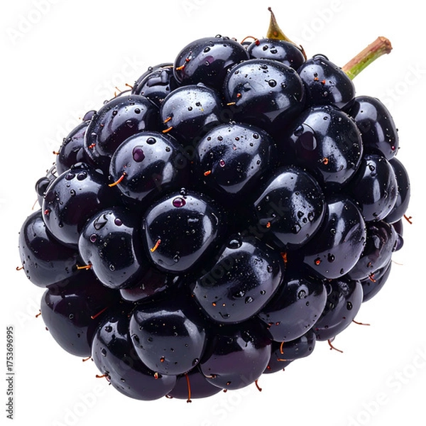 Obraz Macro close-up of a dark, complex fruit, glossy texture, slight stem visible, black backdrop