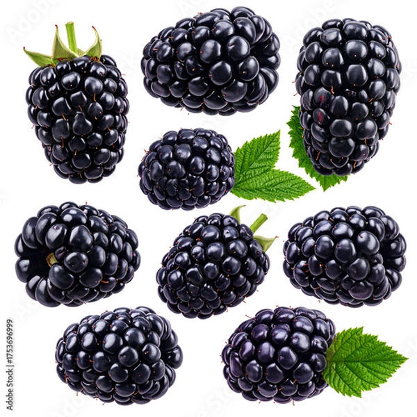 Obraz Collection of ripe, glistening blackberries, some with leaves, arranged on a transparent background
