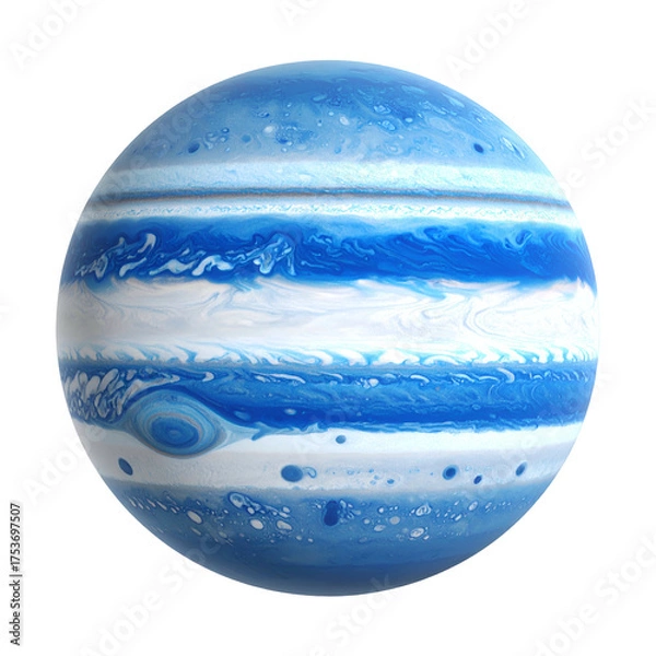 Obraz A vibrant planet with blue and white bands, swirls, and spots, against a black void
