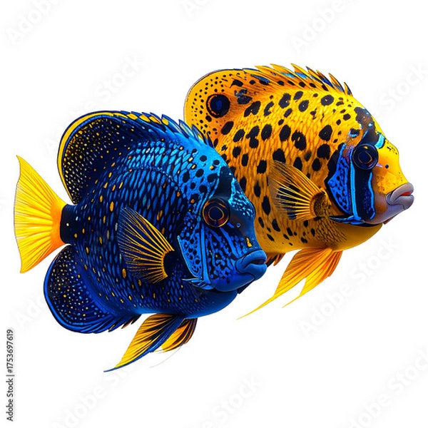Obraz Two vibrantly colored tropical fish with spotted patterns on a black background