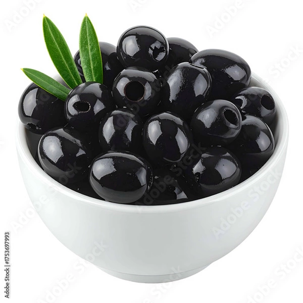 Fototapeta A white bowl brimming with glossy black olives, some with holes, accented by green leaves