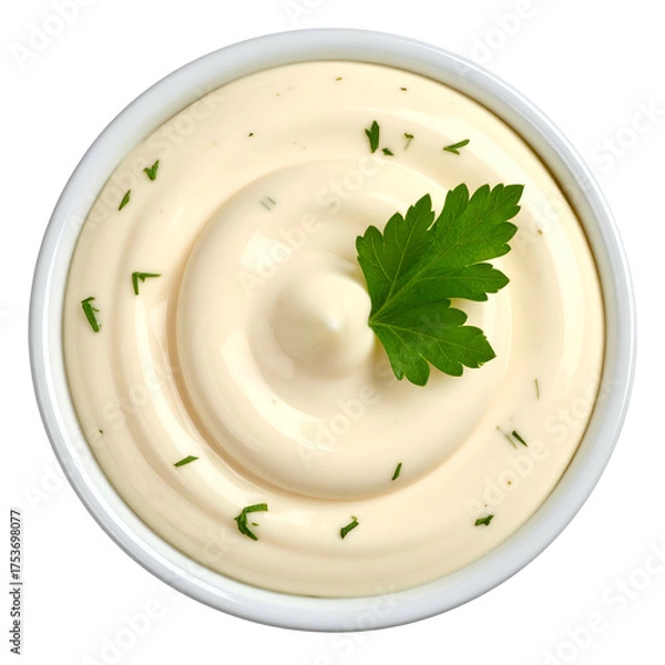 Obraz Creamy, light-colored sauce in a white bowl, swirled, with parsley garnish