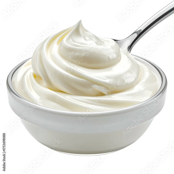 Obraz White, creamy swirl of a dairy product sits in a white bowl with a spoon