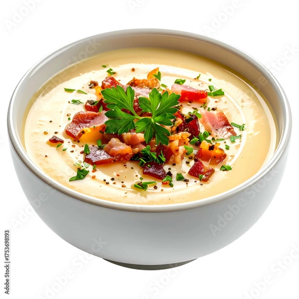 Obraz A creamy, thick soup in a white bowl, garnished with bacon, parsley, and pepper