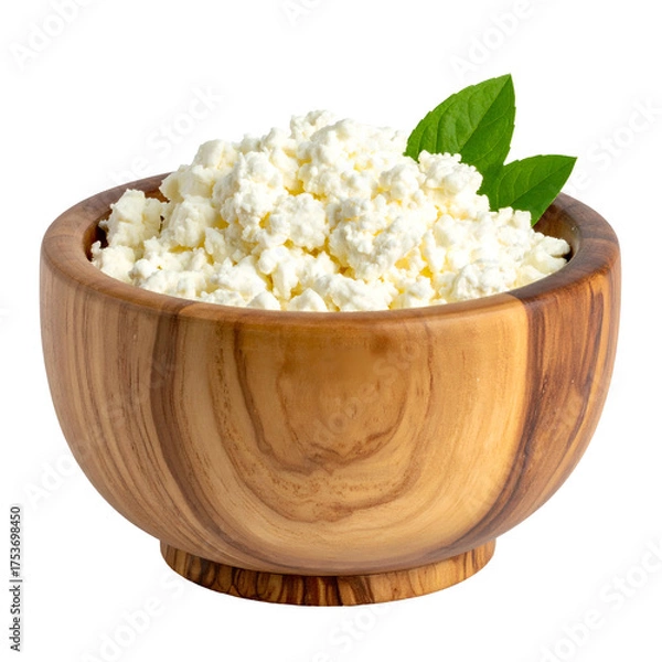 Obraz Cottage cheese in wooden bowl, garnished with green leaves, against a black backdrop